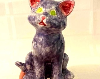 15cm Ceramic Purple Cat with Green Eyes, Mid Century Art Nouveau Cat Figurine. Vintage.