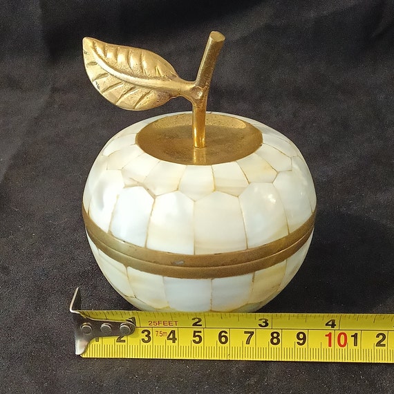 Brass and Mother of Pearl Trinket Box with Apples… - image 10
