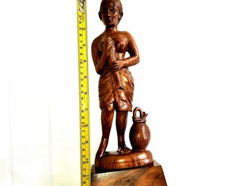 33 cm Teak Wood Beautiful Girl Sculpture ~ Amazing Vintage Tribal Girl Wooden Sculpture ~ Original Artwork. Free Shipping.