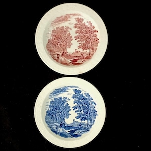 Set of 2 Royal Tudor Ware Barker Bros Olde England 6 inch Blue and White , Red and White Plates. Made in England. Vintage.