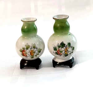 Pair of  Miniature Porcelain Green and White Vases with Floral Design Made In Occupied Japan