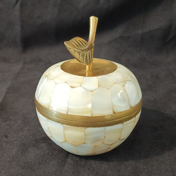 Brass and Mother of Pearl Trinket Box with Apples… - image 2
