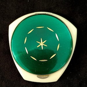 Cipria compatta vintage, scatola di cipria verde con specchio, scatola di cipria compatta da collezione con specchio. Rara.