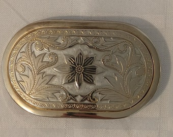 Western Engraved Belt Buckle with Leaf and Flower Starbursts and Filigree