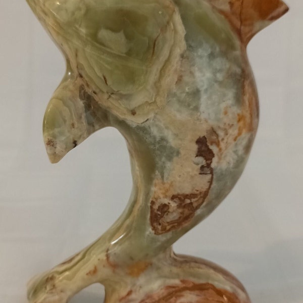 15.5 cm Carved Brown Green Onyx Dolphin Figurine, Vintage Onyx Marble