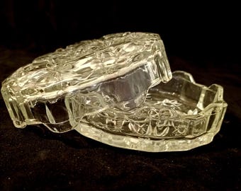Vintage Pressed Glass Lidded Trinket Box Star Fan EAPC Style Round 4in/10cm