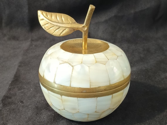 Brass and Mother of Pearl Trinket Box with Apples… - image 5