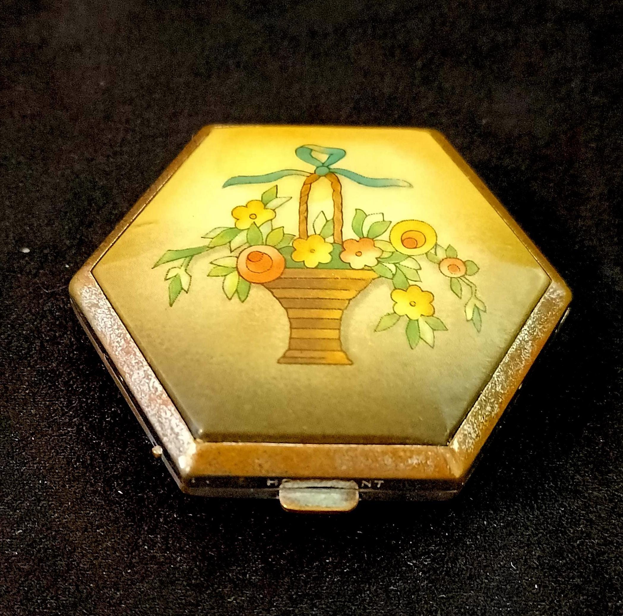 Superbe ANCIEN POUDRIER MIROIR Métal argenté PEINT MAIN sur