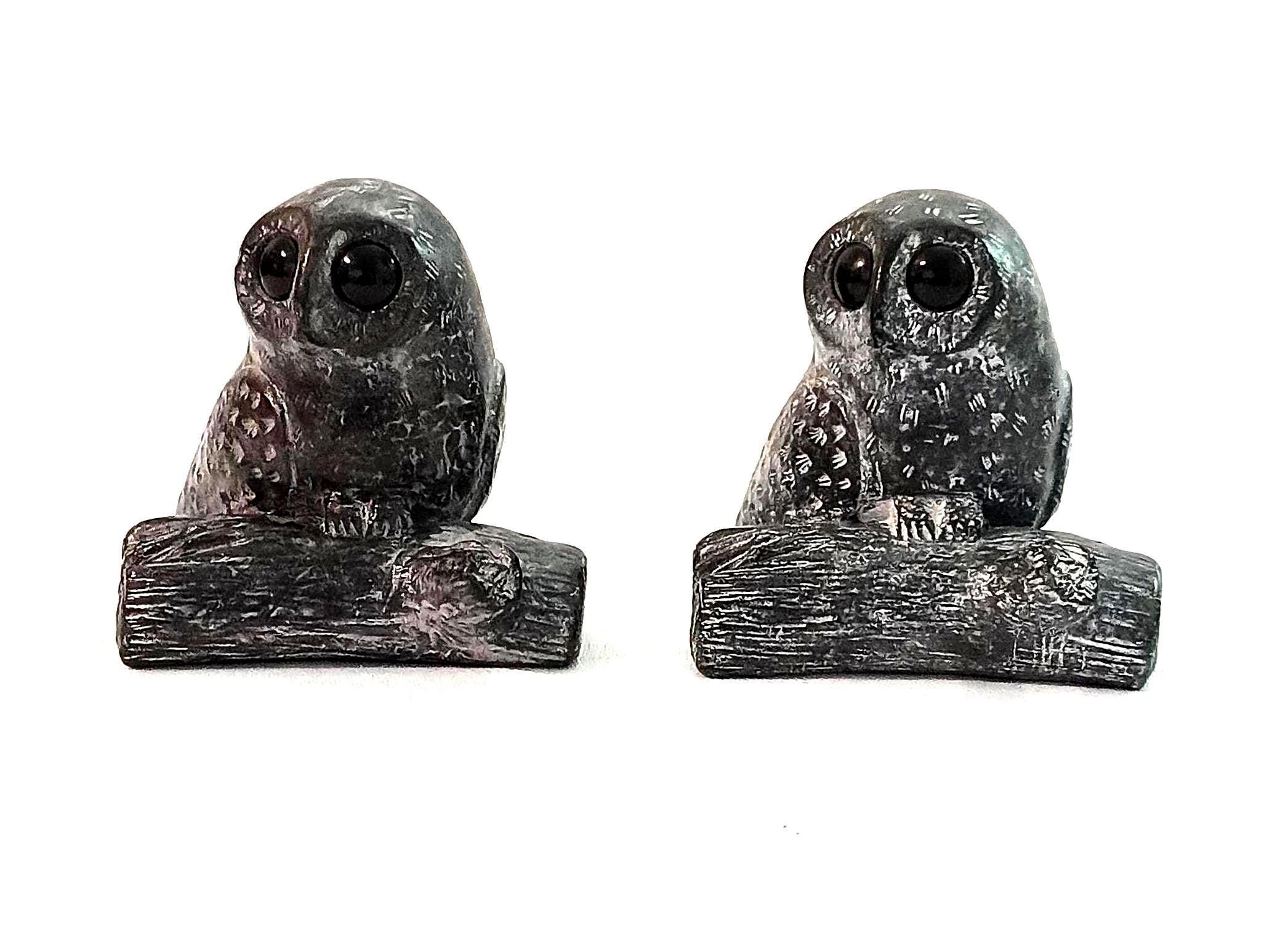 6.5 cm Two Small Owl Figurines on Soapstone Log by The Wolf Original. Made in Canada. Collectible.