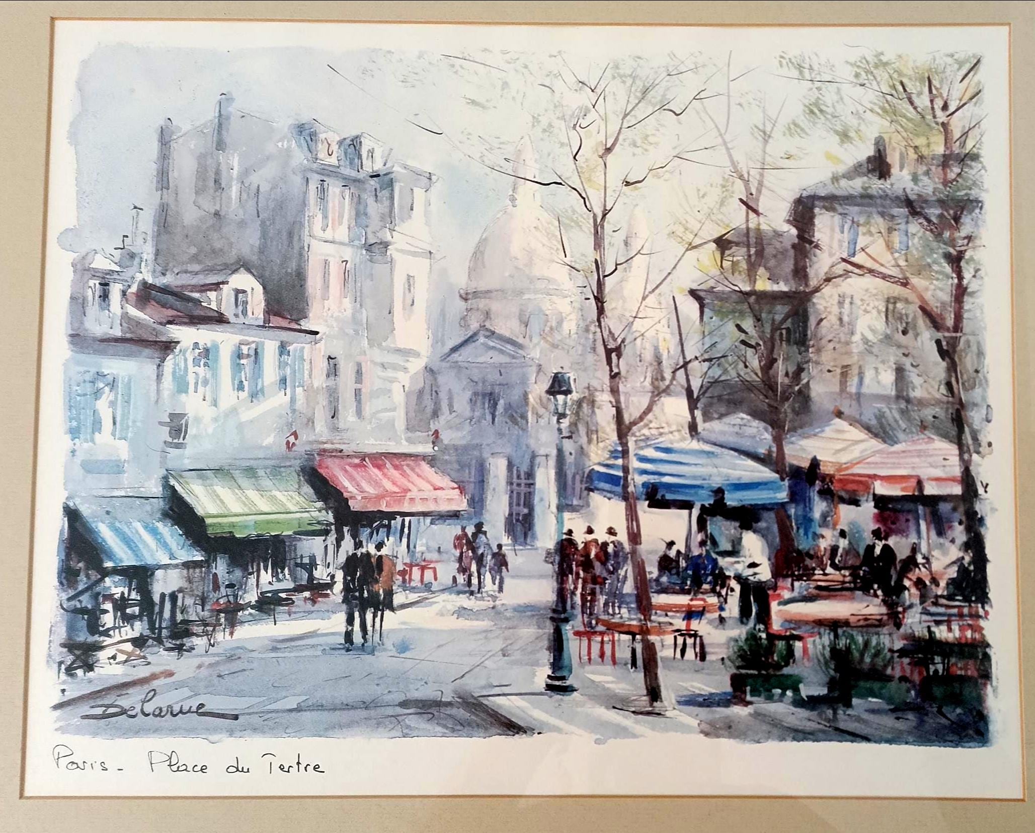 46.5/53 Cm. Watercolor Reproduction Paris Place Du Tertre