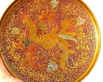 Plato de pared vintage de latón indio con esmalte grabado de pavo real, 20 cm (7,9 pulgadas), estilo bohemio.