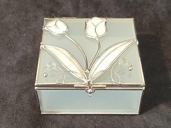 Square Jewelry Box made of Frosted Glass, Pearl T… - image 1