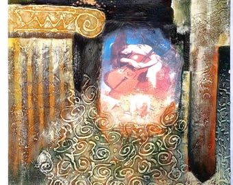 Vintage Mixed Media Oil Painting on Canvas Girl with Cello Abstract Textured Wall Art Signed A Wood 24x20 inch Music Home Decor