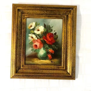 38.5x33.5 cm Flowers on the Table - Signed Painting in Wooden Frame, Oil on Canvas - Italian Art - Floral Wall Decor .Collectible.
