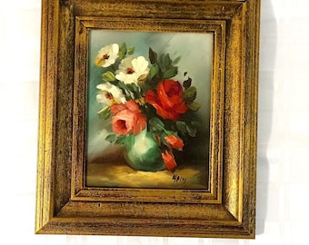 キャンバスボードに描かれた、バラ、ヒナギク、その他の赤、ピンク、金