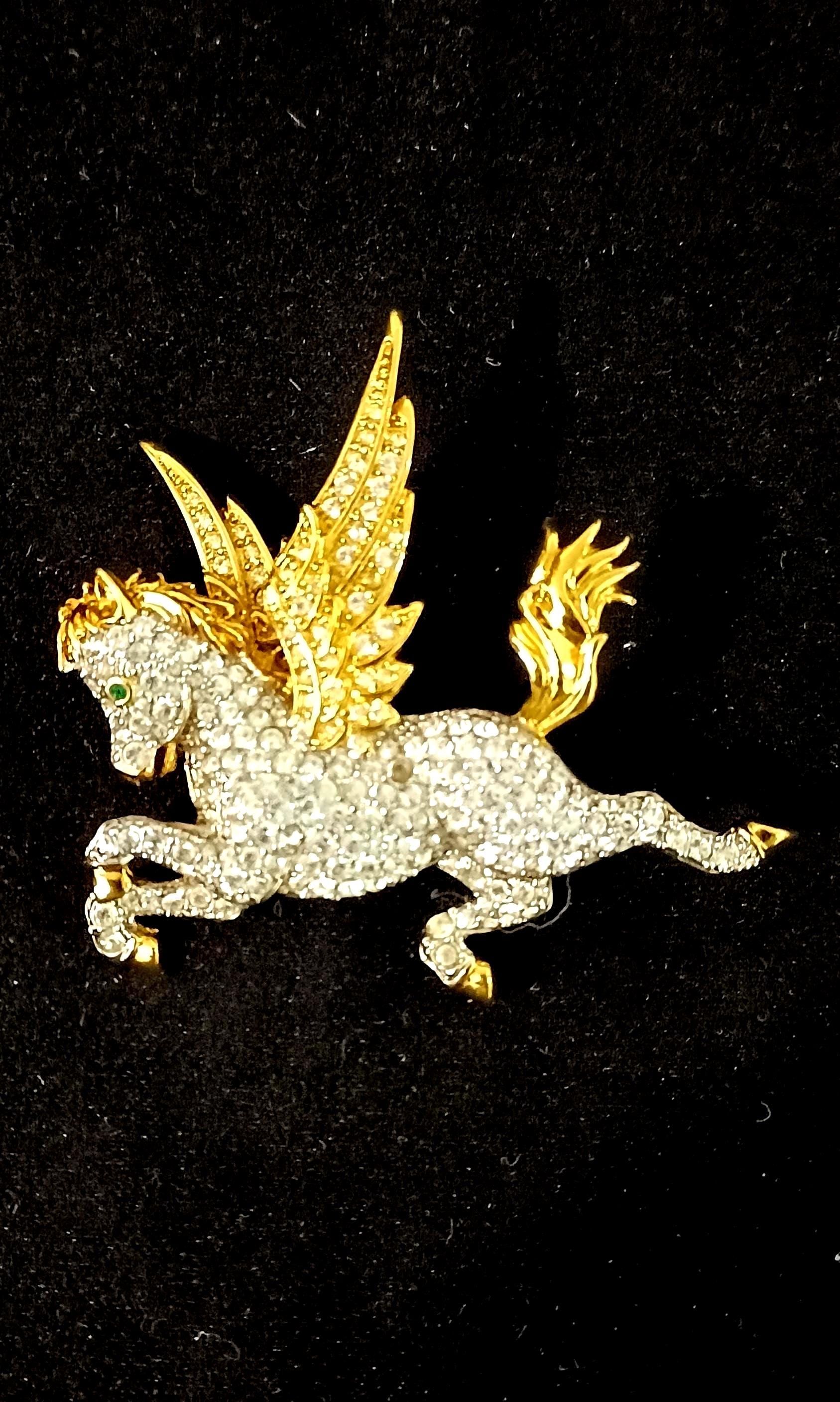 スワロフスキー ペガサス クリスタルブローチ Swarovski Signed Pegasus Pin Brooch Gold Plated with Clear