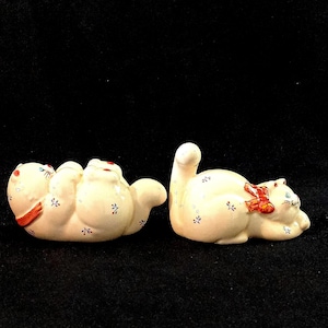 Two Korean Porcelain Cats. Cat Pottery, Ornament on the Collar – Fun Cat Themed Gift. Rare. Collectible.