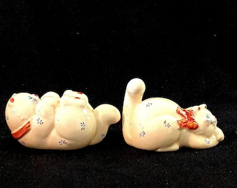 Two Korean Porcelain Cats. Cat Pottery, Ornament on the Collar – Fun Cat Themed Gift. Rare. Collectible.