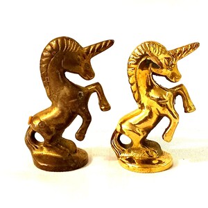 Könnte beinhalten: Zwei kleine Einhornfiguren aus Messing. Eine hat eine dunklere, gealterte Messingfarbe, während die andere ein helles, poliertes Gold aufweist. Beide Einhörner sind auf ihren Hinterbeinen aufgerichtet, mit detaillierten Mähnen und Hörnern.
