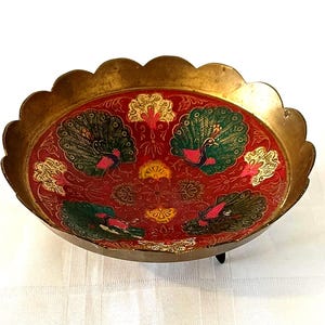 Brass Peacock Trinket Bowl with Legs, Scalloped Edge, Etched and Painted with Enamel, Antique or Vintage. Diameter 15 cm. Rare. Collectible.