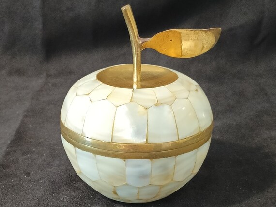 Brass and Mother of Pearl Trinket Box with Apples… - image 3