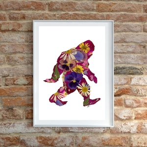 Bigfoot Art, Sasquatch, Yeti, Pressed Flowers, unique birthday gift, cryptid art, myths and legends, sasquatch art, yeti art, ufos, xfiles