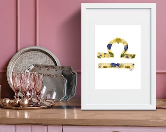 Libra Decor, Libra Gift, Libra Gift for Her, Libra Print, September Birthday, October Birthday, Flower Art, Astrology Gift, Zodiac Gift