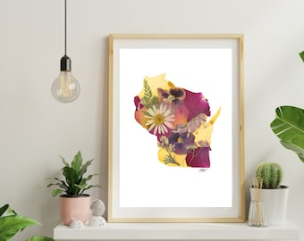 Wisconsin State Print, Wisco, State Print, Home State, Pressed Flowers, Flower Art, Birthday Gift, Mother's Day Gift, Unique Gift