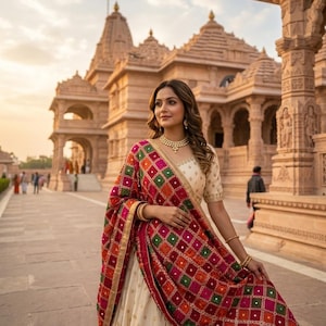 Könnte beinhalten: Ein cremefarbenes Lehenga-Choli-Set bestehend aus einem Rock und einer Bluse mit dezenter Goldstickerei, kombiniert mit einem leuchtenden Dupatta. Das Dupatta zeigt ein mehrfarbiges Gittermuster in Rot, Orange und Grün mit kleinen Spiegeln.