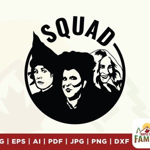 Könnte beinhalten: Schwarz-weiße Grafik von drei Frauengesichtern in einem Kreis, mit dem Wort "SQUAD" darüber. Das Bild ist ein digitales Design, wahrscheinlich für ein T-Shirt oder ein anderes Produkt.