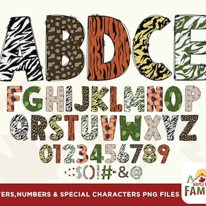 Dierlijk lettertype, Jungle Animal Doodle Letters, Jungle Alfabet, Safari Alfabet PNG, Gehele Doodle Alfabet Hoofdletter Kleine Letters Nummers PNG