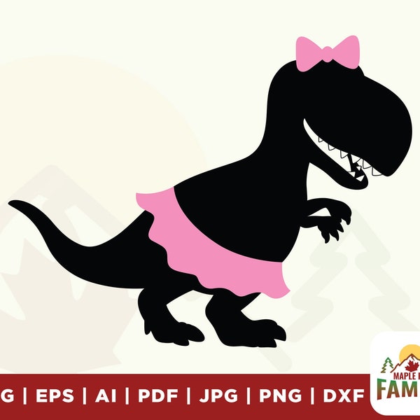 Dinosaur Wearing Tutu Skirt SVG, tutu skirt svg, dinosaur svg, DXF Cute Baby Girl Ballerina Dinosaur Silhouette with Pink Bow