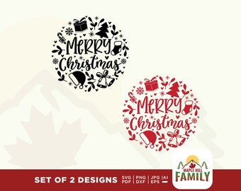 Merry Christmas Round Ornament SVG, Holiday Cut File (Digital Download)