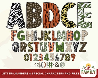 Animal font, Jungle Animal Doodle Letters, Jungle Alphabet, Safari Alphabet PNG, Entire Doodle Alphabet Uppercase Lowercase Numbers PNG