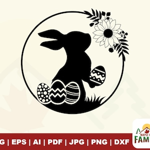 Conejo primaveral SVG, Conejo de Pascua con huevos en corona de flores, camisas SVG, Archivo de corte digital, archivo, Conejo lindo, clipart, circuito, EPS, PNG