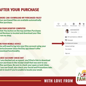 May include: A green and white illustration of a maple tree with the text "Maple Hill Family" below it. The text "With Love From" is above the illustration. The image also includes instructions on how to download purchased files after a purchase on Etsy.
