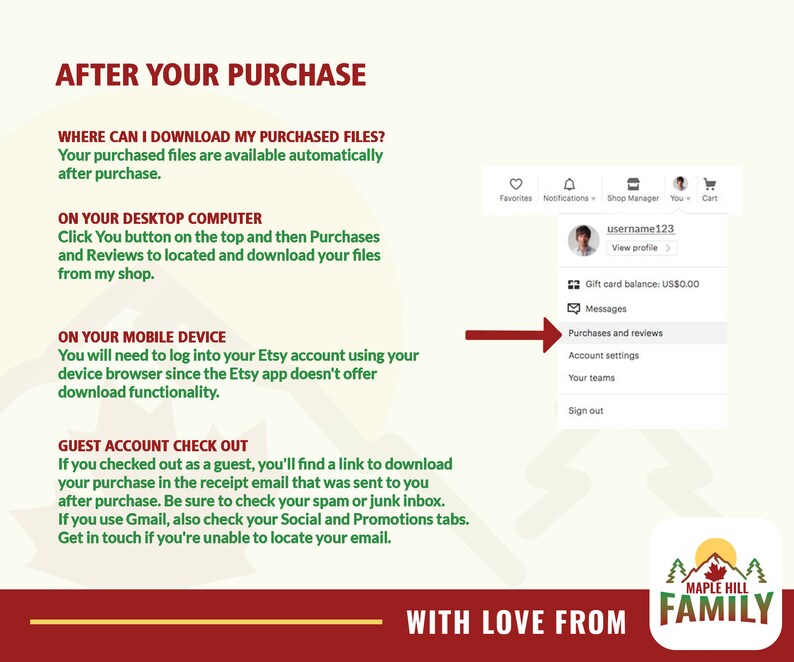May include: A green and white illustration of a maple tree with the text "Maple Hill Family" below it. The text "With Love From" is above the illustration. The image also includes instructions on how to download purchased files after a purchase on Etsy.