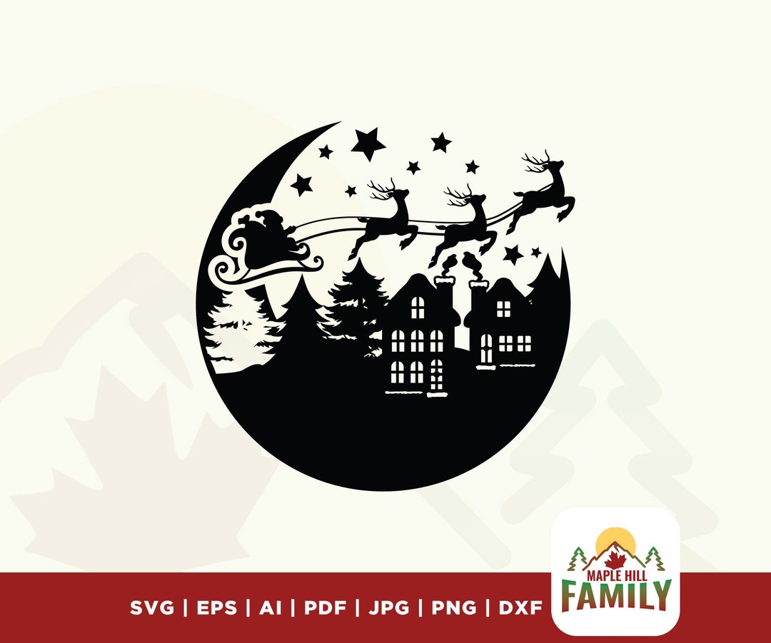 Santa Sleigh Svg, Santa Svg, Christmas Svg, Reindeer Svg, Moon Svg ...