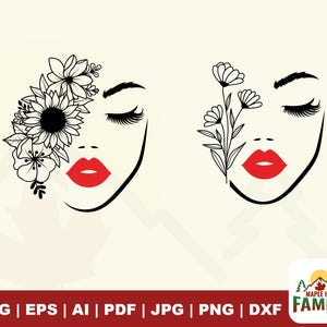 Woman face with flowers SVG, Woman face Svg, Flower, Lip, Girl face svg, Floral svg, Svg, Custom Cut file, Cricut, Png, dxf, Ai, silhouette