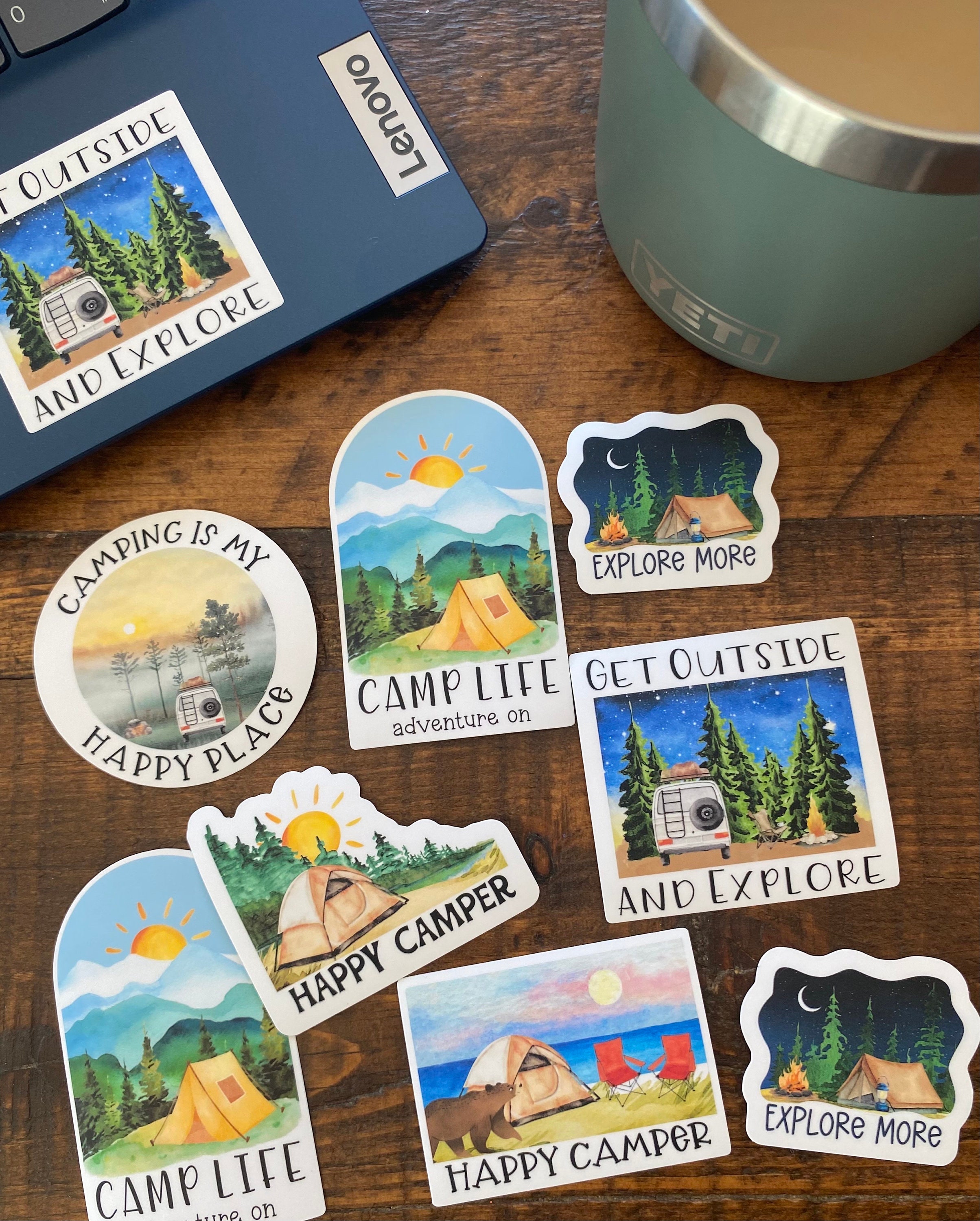 STICKERS Camping Dress up Luggage, Laptop, Planner Wilderness Sunrise