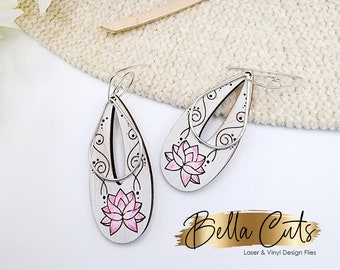 Lotus Flower Drop Laser Cut Engraved Earrings, Digital File Download, SVG DXF, Glowforge Ready, Commercial Use #168