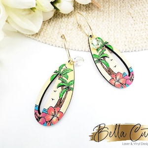 Palm Tree and Beach Svg Earring, Hibiscus Earrings, Earrings Laser File, Dangle, laser cut dangle earring SVG file for wood or acrylic #402