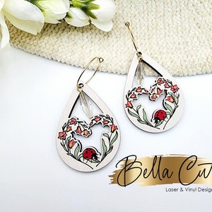 Ladybug Floral Drop Laser Cut Engraved Earrings, Digital File Download, SVG DXF, Glowforge Ready, Commercial Use #249