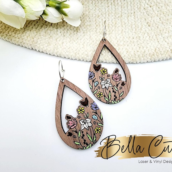 Floral Garden Laser Cut Engraved Earrings, Digital File Download, SVG DXF, Glowforge Ready, Commercial Use #261