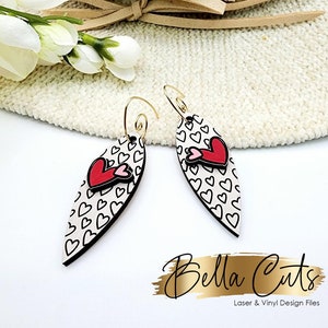 Heart Drop Laser Cut Engraved Earrings, Digital File Download, SVG DXF, Glowforge Ready, Commercial Use #254