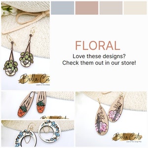 May include: A set of four pairs of wooden earrings with floral designs. The earrings are in the shape of a teardrop, a circle, and a hanging plant. The designs feature pink, green, and blue flowers.