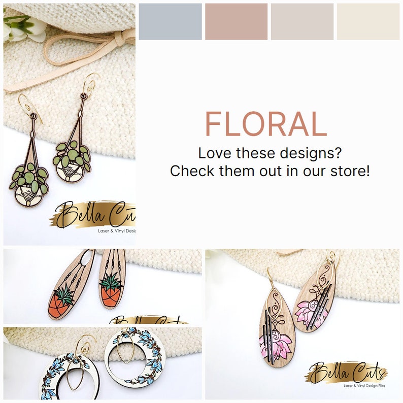 May include: A set of four pairs of wooden earrings with floral designs. The earrings are in the shape of a teardrop, a circle, and a hanging plant. The designs feature pink, green, and blue flowers.