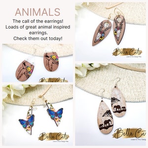 May include: Four pairs of wooden earrings featuring animal designs. The earrings are shaped like a teardrop, a butterfly, a turtle, and an antelope skull. The earrings are all painted in bright colours and have a natural wood finish. The earrings are all labelled "Bella Cuts" and "Laser & Vinyl Design Files".