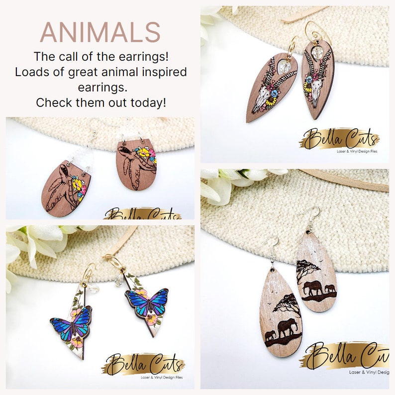 May include: Four pairs of wooden earrings featuring animal designs. The earrings are shaped like a teardrop, a butterfly, a turtle, and an antelope skull. The earrings are all painted in bright colours and have a natural wood finish. The earrings are all labelled "Bella Cuts" and "Laser & Vinyl Design Files".