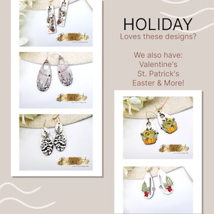 May include: Four pairs of holiday-themed earrings. The earrings are made of wood and feature various designs, including a Christmas tree, a pumpkin, a holly sprig, and a winter scene. The earrings are all white with brown and red accents. The text "Bella Cuts" is visible on each image.